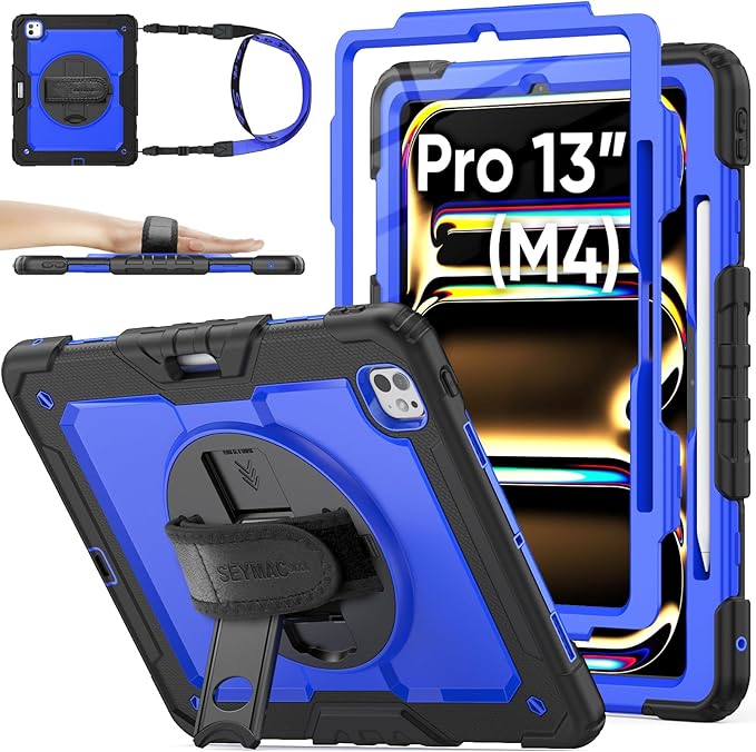 SEYMAC stock Case for iPad Pro 13-inch M5-M4 2025-2024, Shockproof Heavy Duty Case with Screen Protector, Pencil Holder, Rotating Stand, Hand Strap, Shoulder Strap, Blue
