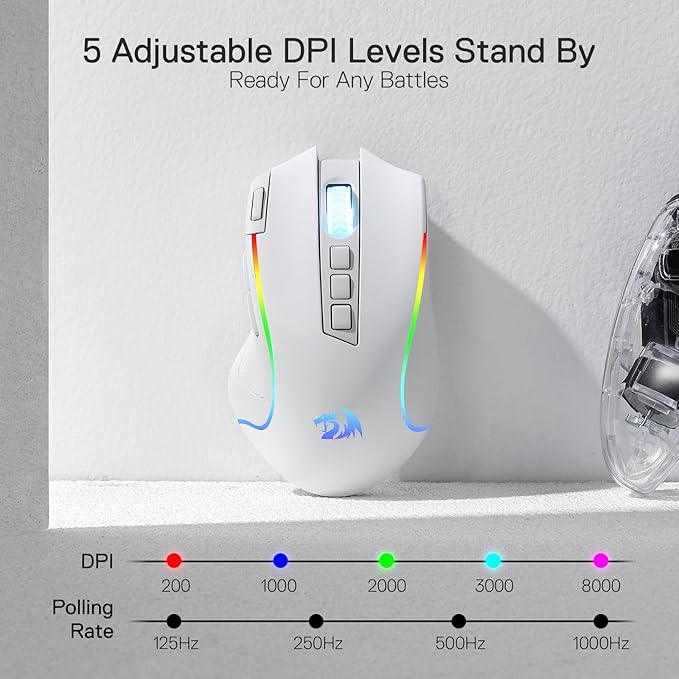 Redragon M612 PRO RGB Gaming Mouse, 8000 DPI Wired/Wireless Optical Mouse with 9 Programmable Buttons & 6 Backlit Modes, BT & 2.4G Wireless, Software Supports, White