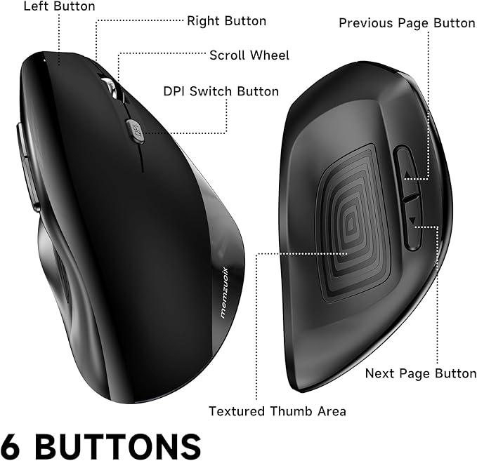 memzuoix Ergonomic Wireless Mouse, 2.4G Optical Cordless, 800/1200/1600 DPI, Vertical Computer Mouse for Laptop, Mac, PC, Desktop (Right Hand, Large) - Black