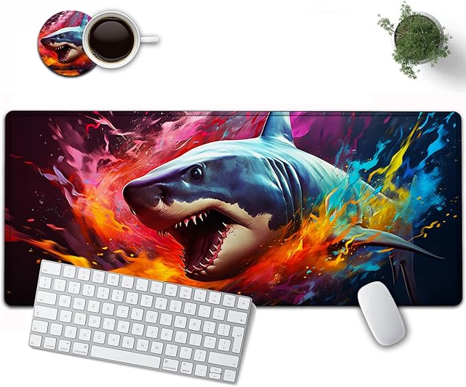 Large Mouse Pad, 31.5 x 11.8in Extended Gaming Mouse Pad with Stitched Edges, XXL Mousepad Protector Non Slip Rubber Base for Office and Home Writing Mat, Watercolor Sharks Pattern Black Desk Mat