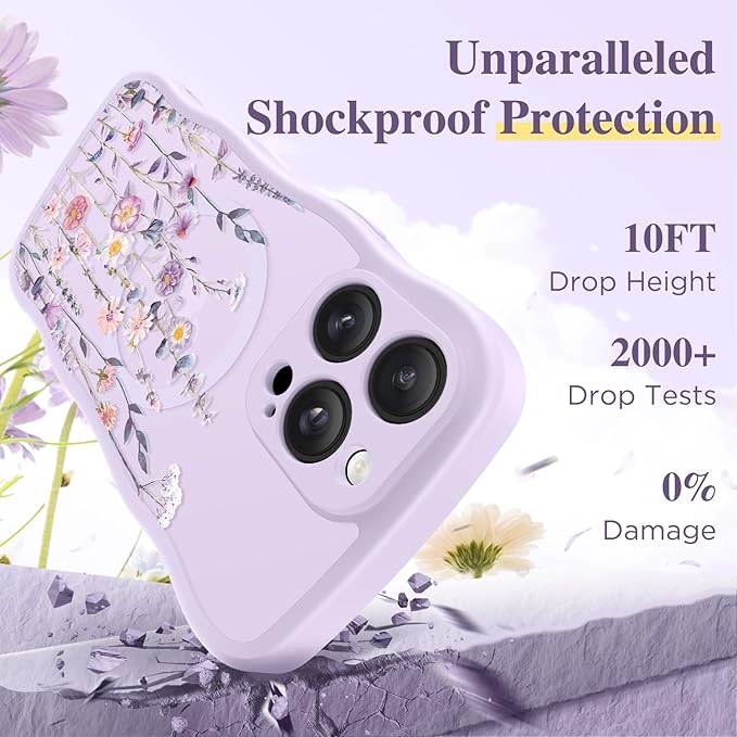 GVIEWIN for iPhone 14 Pro Case Compatible with MagSafe [Curly Wave Edge][Full Camera Protection] Floral Translucent Shockproof Magnetic Women Phone Case for 14 Pro, Floratopia/Colorful