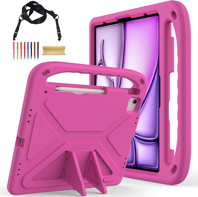 for iPad Air 11" M4 M3 M2 2026 2025 2024 Case for Kids, iPad Pro 11 Inch M5 M4 Case 2025 2024, Soft EVA Handle with Shoulder Strap Stand Cute Kids Friendly Bumper Cover, Rose