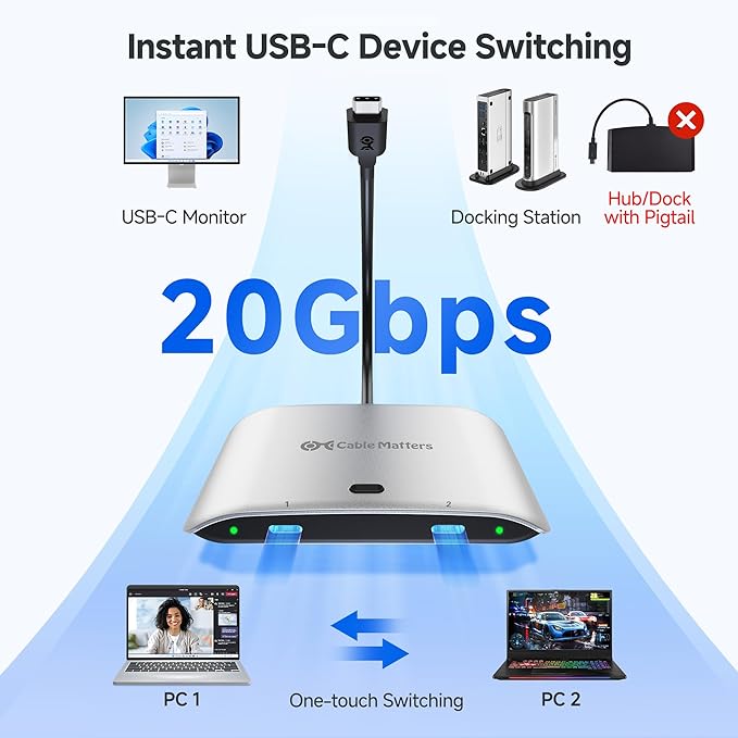 Cable Matters 20Gbps USB C Switch for 2 Computers, Up to 8K@30Hz on Windows, 4K@60Hz on macOS, 140W PD, for Sharing a USB-C/Thunderbolt 4 Monitor or Dock (Not for Dock with an Attached Cable)