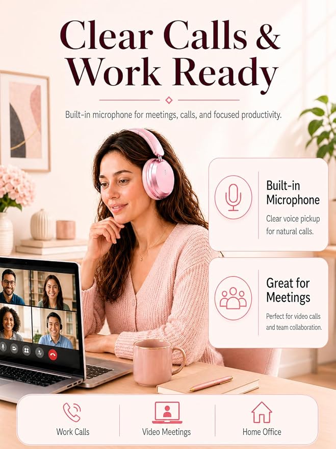 Wentronic Y05 Bluetooth Over-Ear Headphones with Active Noise Cancelling, Hi-Res Audio, 48H Playtime, Built-in Mic, Wired/Wireless, Works with iOS, Android & PC, Pink