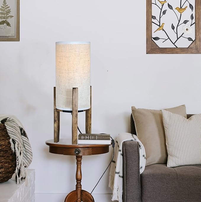 Bedside Table Lamp for Bedroom, Nightstand Wood Desk Lamp, Modern Accent Light 17.5" H with Cream Linen Shade for Living Room, E26