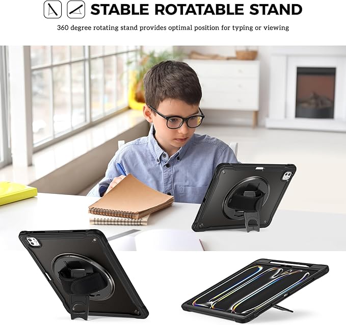 ProCase Rugged Case for iPad Pro 13 Inch 2025 (M5) / 2024 (M4) with Pencil Hold, Heavy Duty Shockproof Rugged Cover with Hand Strap 360 Degree Rotatable Kickstand Protective for iPad Pro 13" -Black