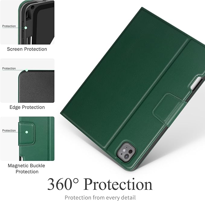 auaua Case for iPad Pro 13 Inch (M5/M4) 2025/2024, with Pencil Holder and Pocket, Multiple Viewing Angles, Magnetic Closure, Auto Sleep/Wake (Green)