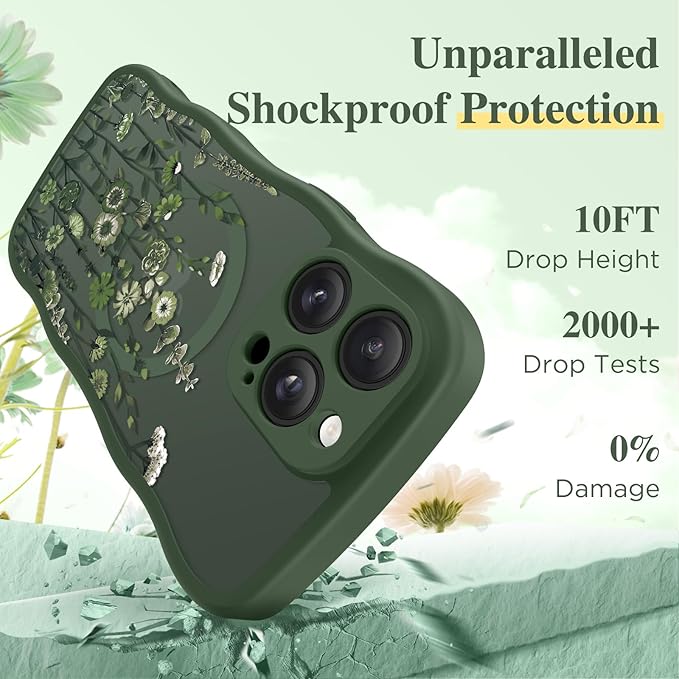 GVIEWIN for iPhone 14 Pro Case Compatible with MagSafe [Curly Wave Edge][Full Camera Protection] Floral Translucent Shockproof Magnetic Women Phone Case for 14 Pro, Floratopia/Forest Green