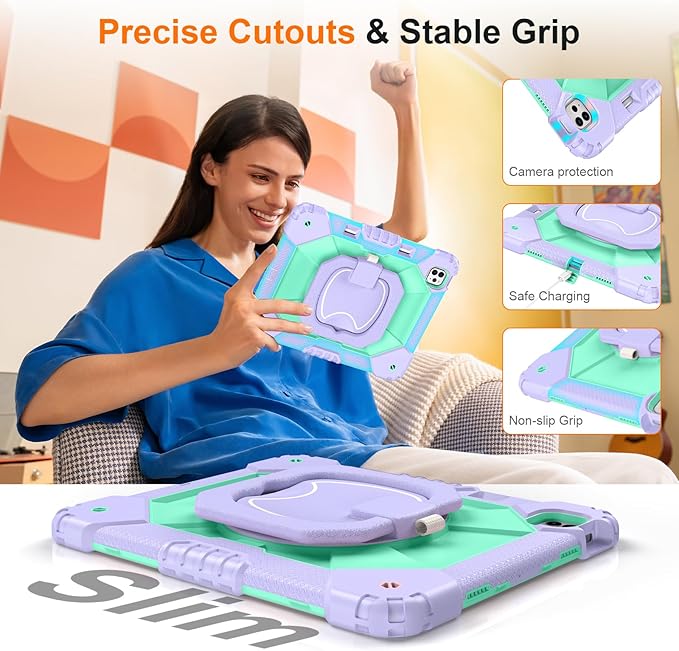 Case for iPad Pro 13 Inch M5 2025/ M4 2024, Ubearkk for iPad Pro 13 Inch case with Screen Protector, 360 Degree Rotating Stand Shoulder Strap Pencil Holder,Military Grade Shockproof, Purple Mint
