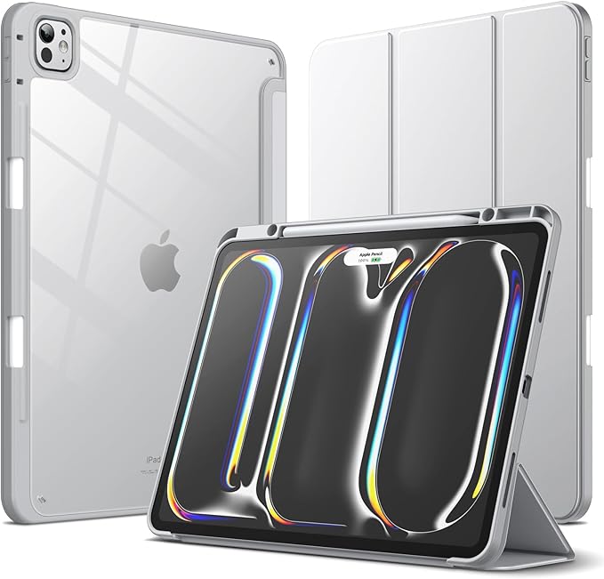 JETech Case for iPad Pro 13-Inch M5/M4 (2025/2024) with Pencil Holder, Clear Transparent Back Shell Slim Stand Shockproof Tablet Cover, Auto Wake/Sleep (Silver)