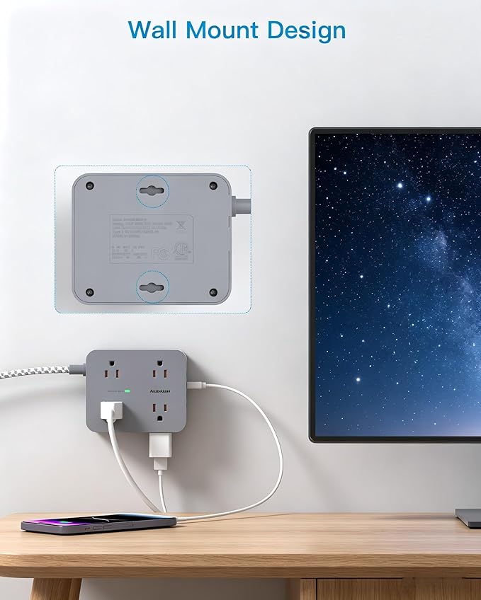 HANYCONY 10 Ft Surge Protector Power Strip, Extension Cord with 8 AC Outlets 4 USB (2 USB C) Ports, Flat Plug, Wall Mount Desk USB Charging Station for Home