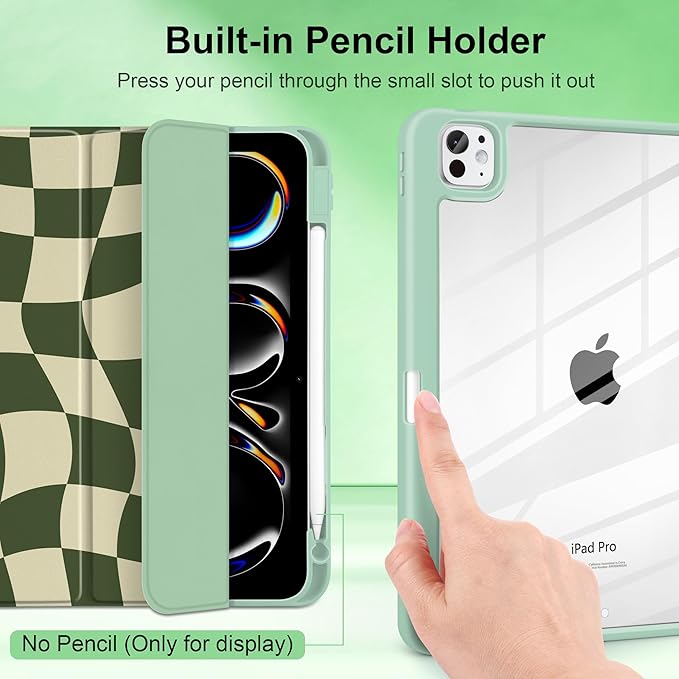 TWOLSKOO Case for iPad Pro 11-inch (M5 2025 / M4 2024), Clear Acrylic Back with TPU Bumper, Pencil Holder, Trifold Stand, Auto Sleep/Wake, Green Wavy Checker