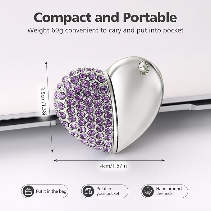 USB 2.0 Flash Drive,Cute Romantic Heart Shape USB Memory Stick,Thumb Drive for Photos, Music, Files Storage (Purple, 64, GB)
