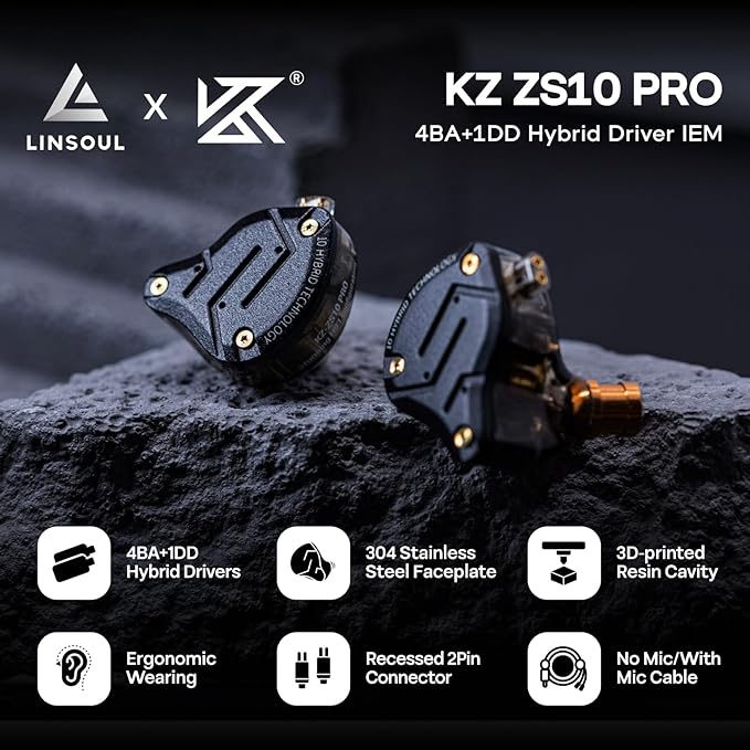 Linsoul KZ ZS10 Pro, 4BA+1DD 5 Driver in Ear Monitor, HiFi Wired Earbuds, Gaming Earbuds, Hybrid IEM Earphones with Stainless Steel Faceplate, Detachable Cable for Musician(with Mic, Dark Black)