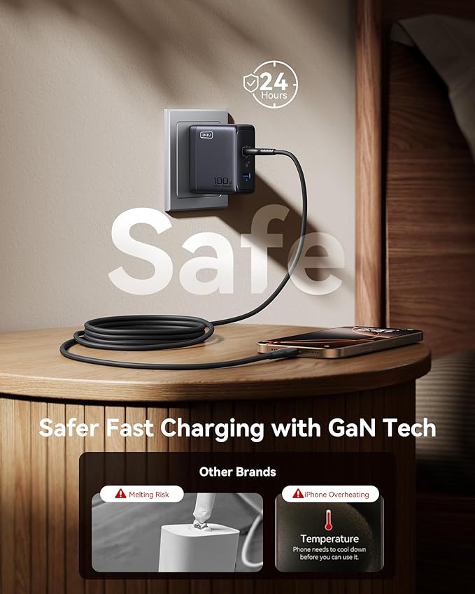 INIU USB C Charger Block, 100W GaN Fast Charging, 3-Port Compact Foldable Travel Charger with Type C Cable, Power Adapter for Mac Book Air Pro 15 14 M3, iPhone 17 16 Pro Max Samsung S26 S24, Switch 2