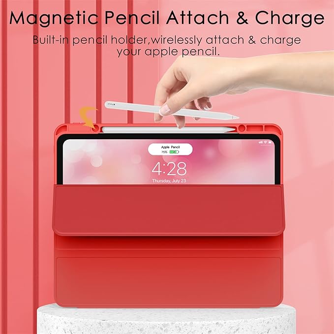 Soke Case for iPad Pro 12.9 Inch (6th/5th/4th/3rd Generation, 2022/2021/2020/2018) - Pencil Holder + Auto Sleep/Wake + Camera Protection, Transparent Shockproof Back Cover, Burgundy Red
