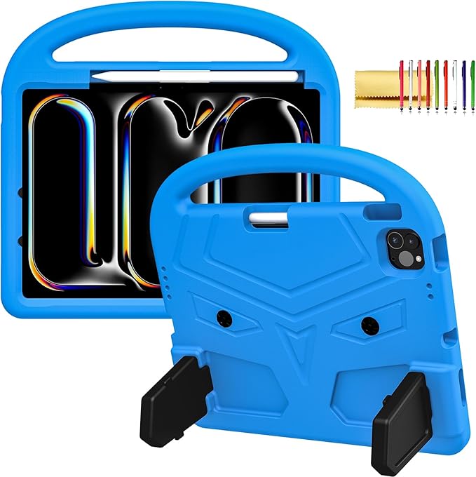 Kids Case for iPad Pro 11" M5 2025/M4 2024 & iPad Air 11" M3 2025/M2 2024, Techcircle Child Shock Proof EVA Protective [Support Pencil Charging] Handle Stand Cover, Blue