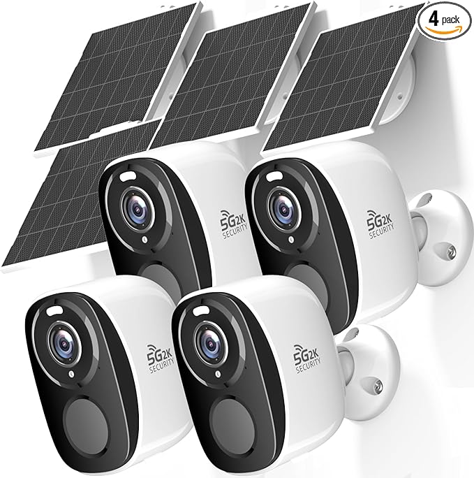 Rraycom 4Pack 5G/2.4G WiFi Solar Security Cameras Wireless Outdoor, 2K 5G Solar Cameras for Home Security with AI Motion Detection, Color Night Vision, Siren, 2-Way Audio,Works/Alexa,Waterproof