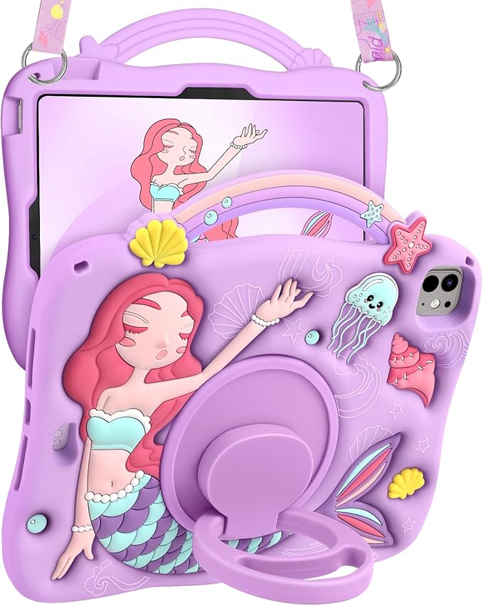Boaretiu for iPad Air 11 Inch Case M3/M2 - for iPad Pro 11 Inch Cute Cartoon 3D Mermaids Girls Teens Soft Silicone Air 4th/5th Generation 10.9" Tablet Cover with Strap & Rotating Stand