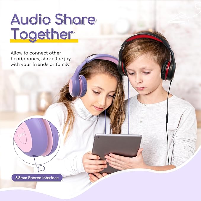 EarFun Kids Headphones Wired with Microphone, 85/94dB Volume Limit Headphones for Kids, Portable Wired Headphone with Shareport, Stereo Sound Foldable Headset for School/Tablet/iPad, Violet Pink