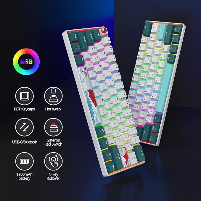 Fogruaden 60% Wireless Mechanical Keyboard, Hot Swappable USB-C Wired/Bluetooth Keyboard with RGB Backlit for Win/Mac, 61 Keys NKRO Gaming Keyboards, Double Shot PBT Keycaps(Red Switch, Forest)