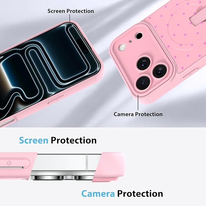 KANGHAR Compatible with iPhone 17 Pro Max Case, Support for MagSafe, Silicone Spot Cute Pattern, Wristband Kickstand Camera Protection Shockproof Soft Slim Cover for Girls Women, Pink