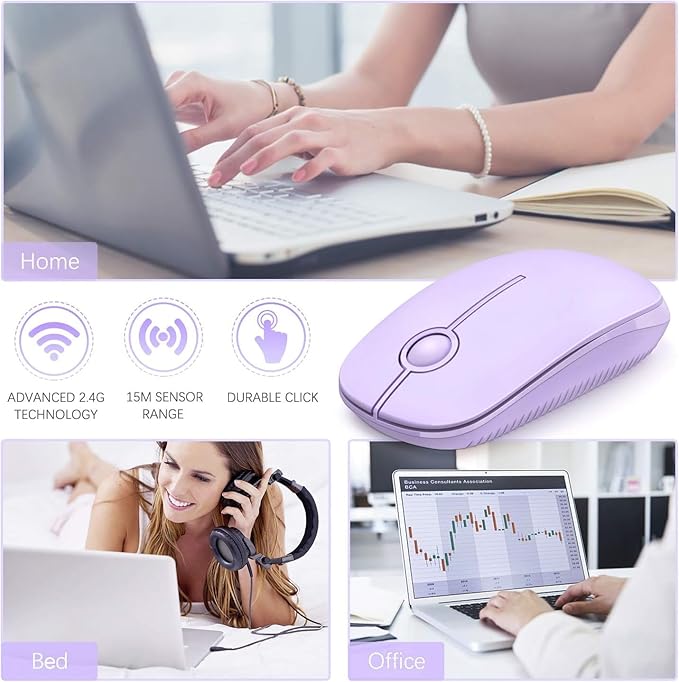 Unipows Wireless Mouse - 2.4G Slim Portable Computer Mouse with Nano Receiver, Less Noise Mobile Optical Mice for Notebook, PC, Laptop, Desktop-Purple