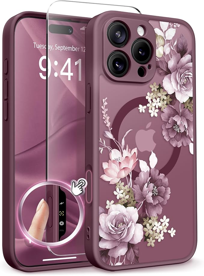 GVIEWIN for iPhone 16 Pro Case Compatible with MagSafe, [Military Grade Protection] [Screen Protector] Full Camera Protection Floral Translucent Women Magnetic Phone Case, Cherry Blossoms/Burgundy
