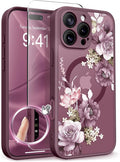 GVIEWIN for iPhone 16 Pro Case Compatible with MagSafe, [Military Grade Protection] [Screen Protector] Full Camera Protection Floral Translucent Women Magnetic Phone Case, Cherry Blossoms/Burgundy