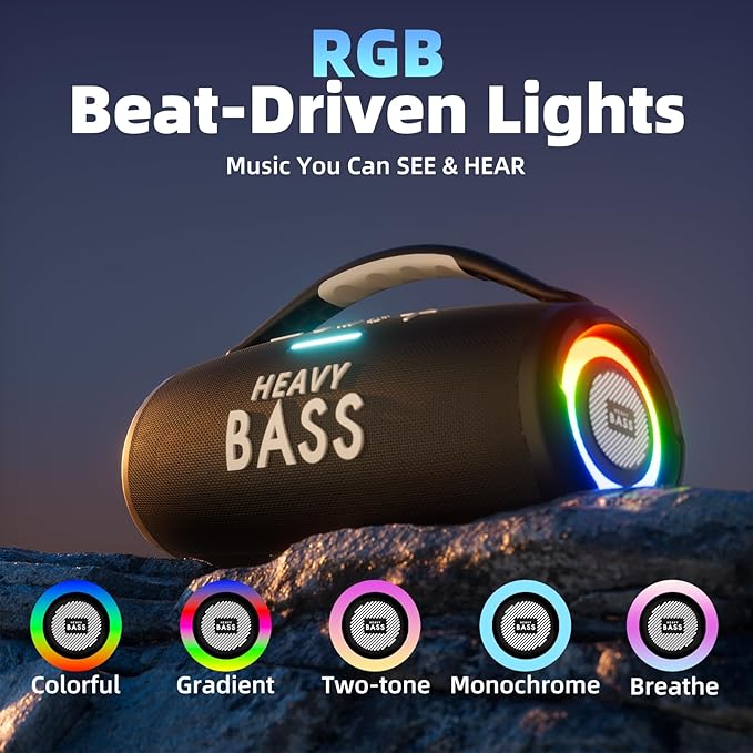 HEAVY BASS Speakers Bluetooth Wireless, 80W Max Loud Portable Speaker with Bass, 20H Playtime, IPX6 Waterproof, Dual Pairing, Gift Ideal for Adults Men Women Teen Boys Girls (Black, Large)