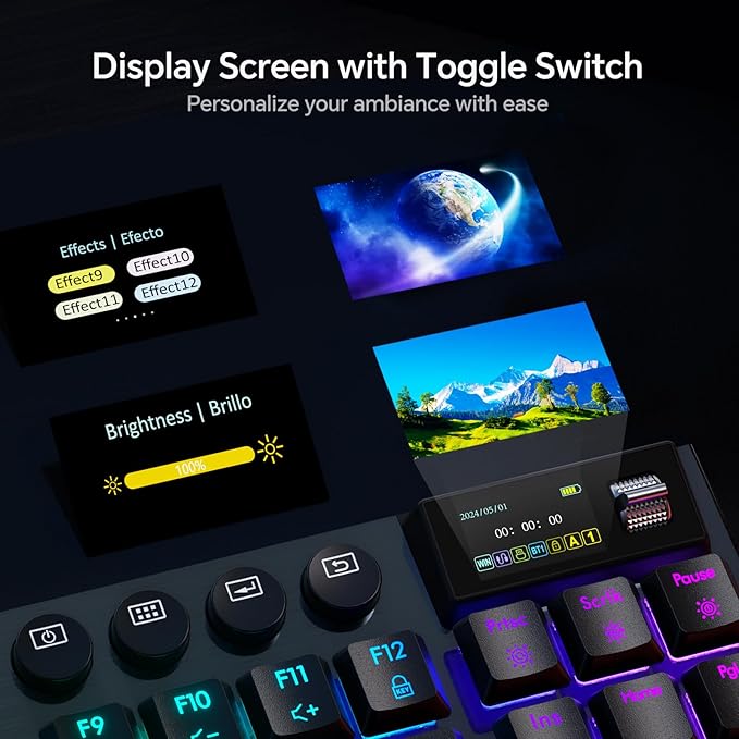 Hexgears Immersion A3 Low-Profile Wireless Mechanical Keyboard, TKL Hot-Swappable Aluminum Gaming Keyboard, BT5.0/2.4GHz/USB-C Linear Switches, RGB Backlit, TFT Screen & 5800mAh Battery for Pc/Mac