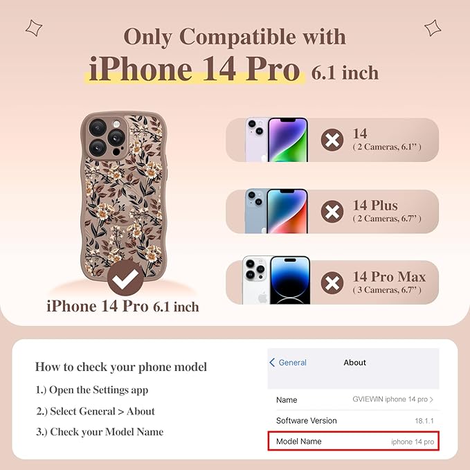 GVIEWIN for iPhone 14 Pro Case Compatible with MagSafe [Curly Wave Edge][Full Camera Protection] Floral Translucent Shockproof Magnetic Women Phone Case for 14 Pro, Bunchflower/Brown