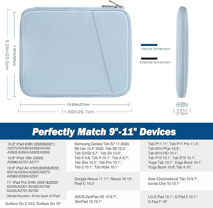 MoKo 9-11 Inch Tablet Sleeve Case, Fits New 11inch iPad Air M4/Pro M5, iPad A16 11", i-Pad 10/9/8/7th/Air 5/4th 10.9"/10.2", Tab S9/S8 11", Protective Bag Carrying Case with Pocket, Misty Blue