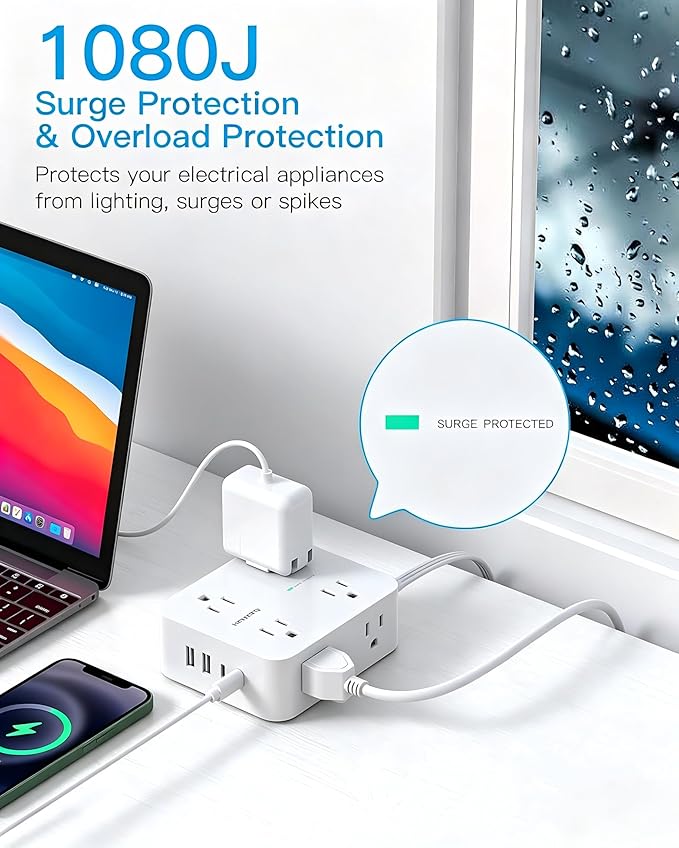 HANYCONY 25 Ft Extra Long Extension Cord with Ultra-Thin Flat Plug, 8 Widely Spaced Outlets & 4 USB Ports (2 USB C), 1080J Surge Protector Power Strip for Home, Office, Workshop, Wall Mount Design