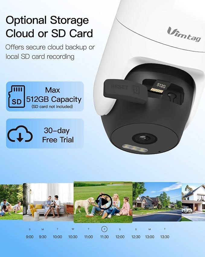 VIMTAG Pan/Tilt Outdoor Security Camera, 2.5K 4MP WiFi Home CCTV Camera, 360° View & Motion Tracking, Color Night Vision, 2-Way Audio, AI Detection Alarm, IP66, Cloud & SD Card Storage, Works w/Alexa