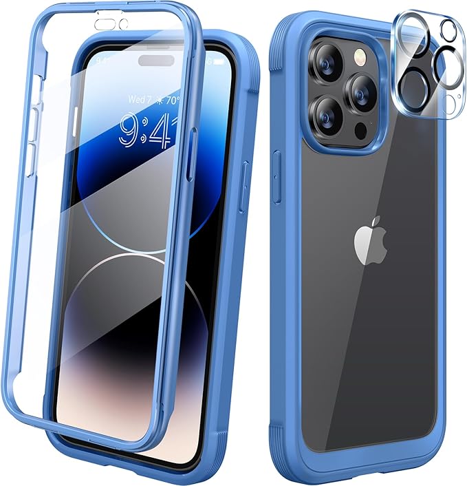 Diaclara Designed for iPhone 14 Pro Max Case 6.7’’,Full Body Rugged Protective Case+9H Tempered Glass Camera Lens Protector w/Built-in Screen Protector (Elegant Blue)