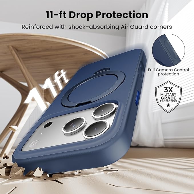 360°Ring Stand for iPhone 17 Pro Max Case, Compatible with MagSafe, Military-Grade Protective,Anti-Yellowing, Scratch-Resistant Back Cover Phone Case for iPhone 17 Pro Max 6.9", Blue