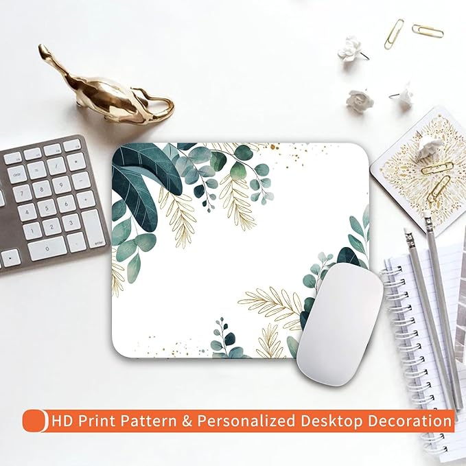 Square Mouse Pad Green Leaves, Personalized Premium-Textured Custom Mouse Mat Design, Washable Mousepad Cloth, Non-Slip Rubber Base Computer Mouse Pads for Wireless Mouse