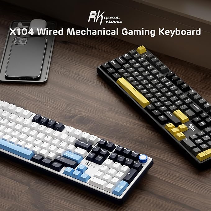 RK ROYAL KLUDGE X104 Full Size Mechanical Keyboard, Wired Creamy Gaming Keyboard with Number Pad and Knob,104 Keys Computer Keyboard Silent Switch,RGB Backlit,Online Software for Wins/Mac