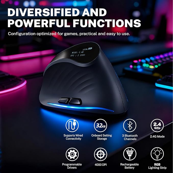 Gaming Mouse with Display, Wireless Vertical Ergonomic Mouse with Tri-Mode Connectivity, 7 Programmable RGB Buttons, 4000 DPI, Rechargeable for PC Laptop Mac