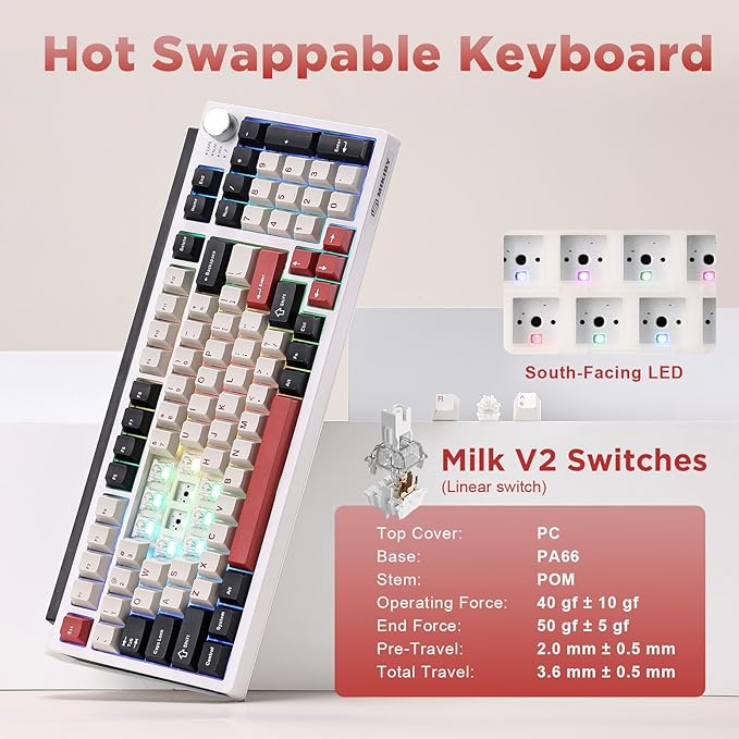 K98 Wireless Mechanical Keyboard,Tri-Mode BT5.0/2.4GHz/USB-C Hot Swappable Custom Keyboard,Gasket Structure,RGB Backlit Gaming Keyboard for Win & Mac(White&Red,Milk-V2 Switch)