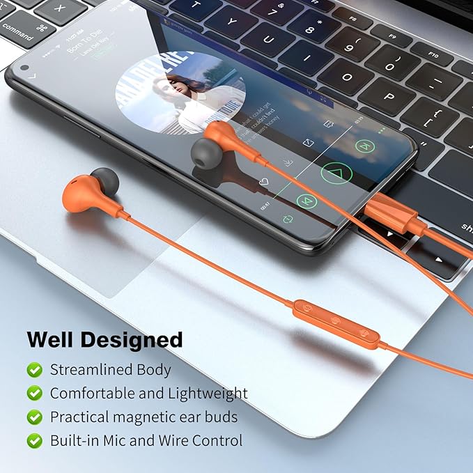 USB C Headphones for iPhone 17 16 15 Pro Galaxy S25 S26 Wired Earbuds with Microphone for Samsung S24 S23 S22 S21 Ultra, Magnetic Noise Canceling in-Ear Type C Earphone for iPad 10 Pixel 9 8, Orange