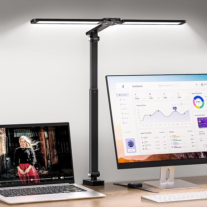 CHARYJOD LED Desk Lamp for Office Home, Height Adjustable Architect Desk Light with Clamp, Eye Caring Stepless Dimming Desk Lamp for Reading, Study, Workbench, 50 Lighting Models