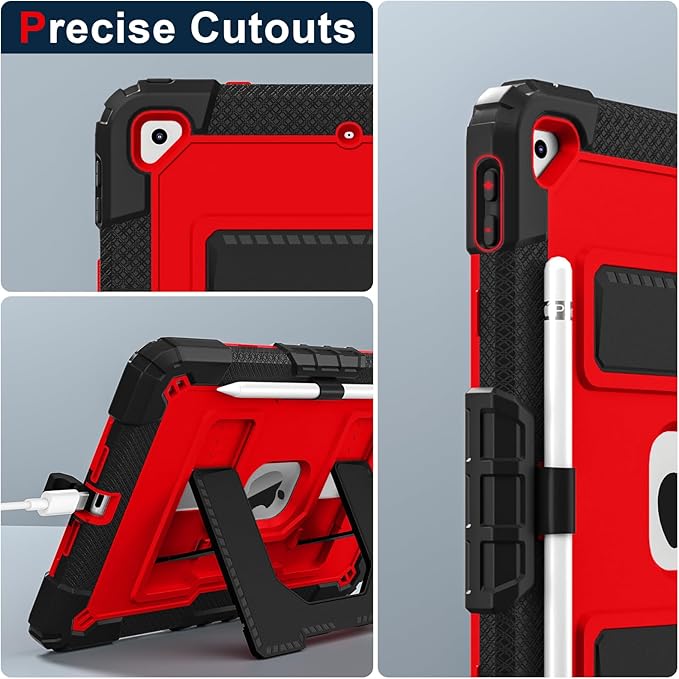 Kids Friendly Case for Apple iPad 10.2" 9th 8th 7th Generation 2021/2020/2019 Case with Pencil Holder & Shoulder Strap, Military Grade Shockproof Kickstand Hard Shell Protective Cover,Black+Red