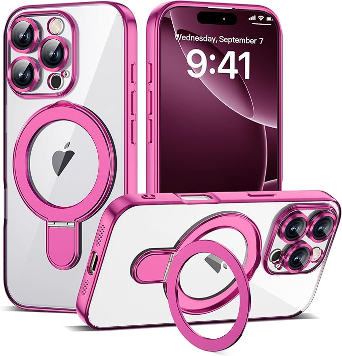Compatible with iPhone 16 Pro Case with Magnetic Ring Stand [Compatible with Mag-Safe] [Full Camera Lens Protector] Soft Plating Clear Phone Case for iPhone 16 Pro 6.3", Rose
