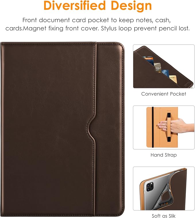 DTTO for iPad Pro 12.9 6th / 5th / 4th / 3rd Generation Case 2022/2021/2020/2018, Leather Folio Stand Cover with Built-in Apple Pencil Holder -Auto Wake/Sleep and Multi Viewing Angles, Dark Brown