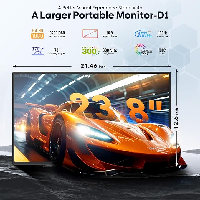 24" Large Portable Monitor Laptop Screen Extender 1080P FHD 100HZ IPS, Travel Monitor for Work Home Gaming, Landscape & Portrait Display, Compatible with Wins/Mac/Linux & MINI PC/PS5/Smart Phone