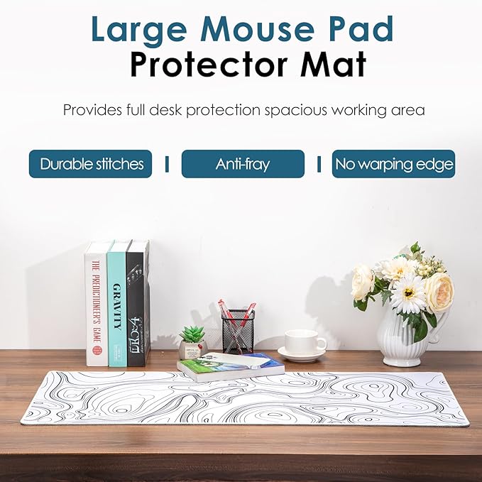 Topography Map Extend Large Gaming Mouse Pad Desk Accessories for Office Decor, Long Laptop Keyboard Mouse Mat, Abstract White Line Bird Pattern (31.50"x15.75"x0.12", Not Waterproof)
