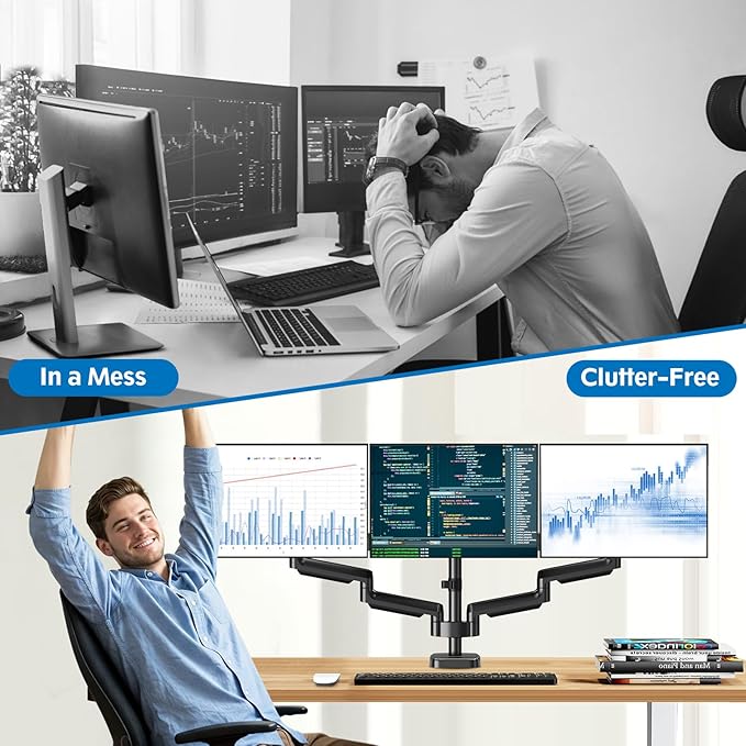 Triple Monitor Desk Mount for Computer Screens up to 32", Holds up to 19.8 lbs Each, 3 Monitor Arm, Heavy Duty Stand Vesa Mount 75x75, 100x100