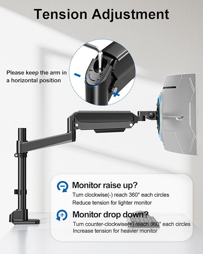 Heavy Duty Single Monitor Mount for Max 49 inch, Hold 7.7 to 44 lbs Ultrawide Screens, Premium Monitor Arm for Samsung Odyssey G9 and More, Adjustable Gas Spring Desk Stand, VESA Mount